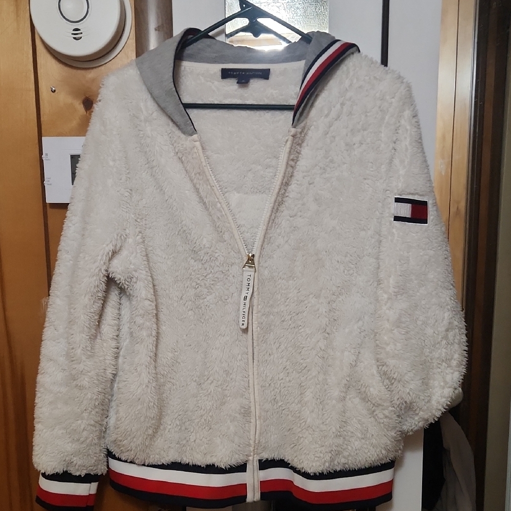 Tommy Hilfiger Women's White Teddy Jacket with Red and Blue Accents